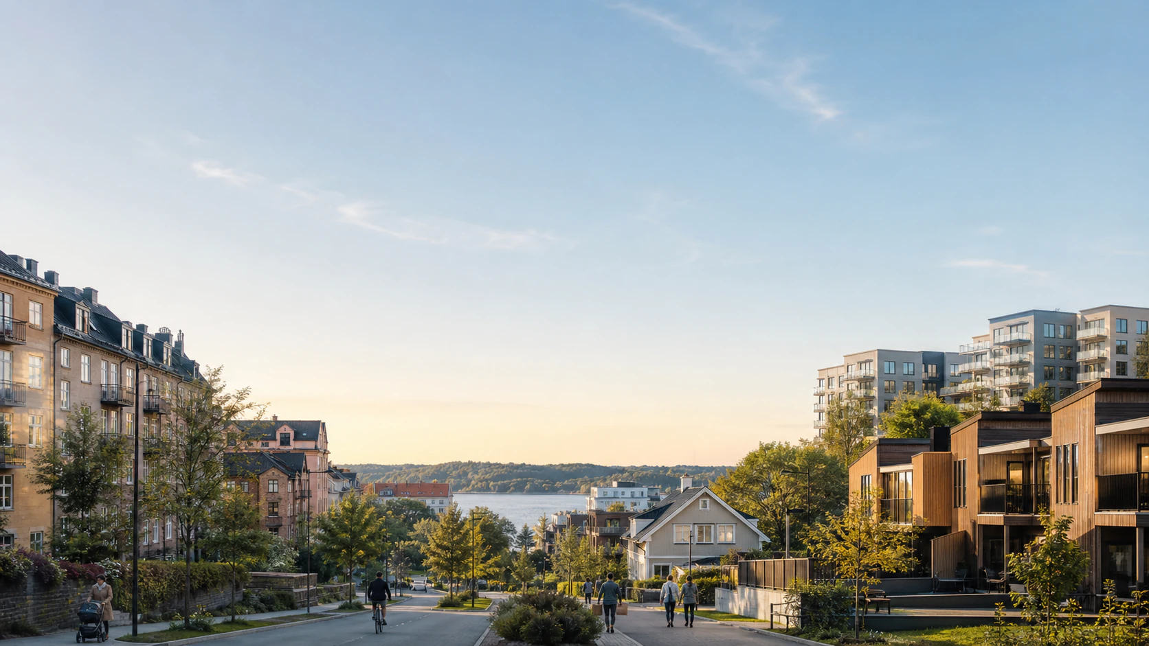 Ett svenskt bostadsområde med lägenheter, villa, nyproduktion och vatten